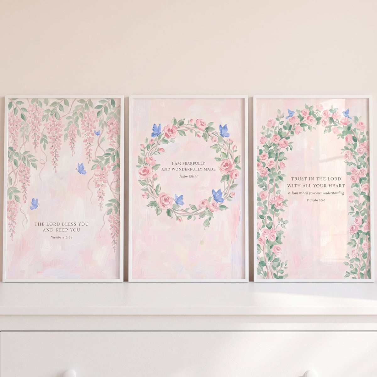 Blue Butterfly Floral Scripture Wall Art Set of 3 - Graceful Scripture Blooms