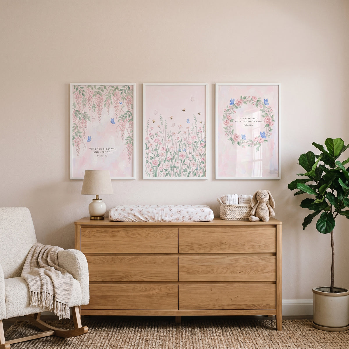 Blue Butterfly Pink Garden Wall Art Set of 3 - Floral Grace Trio