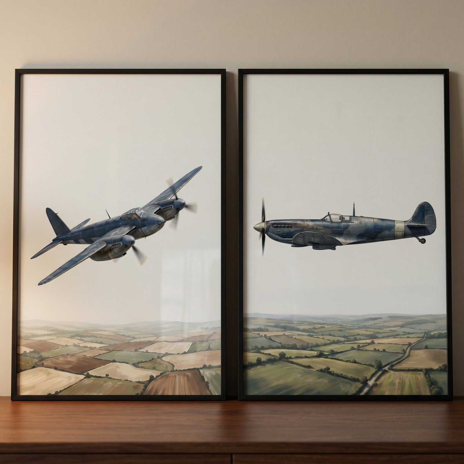 Blue camo historic airplane wall art set of 2 featuring vintage propeller aircraft flying over a patchwork landscape.