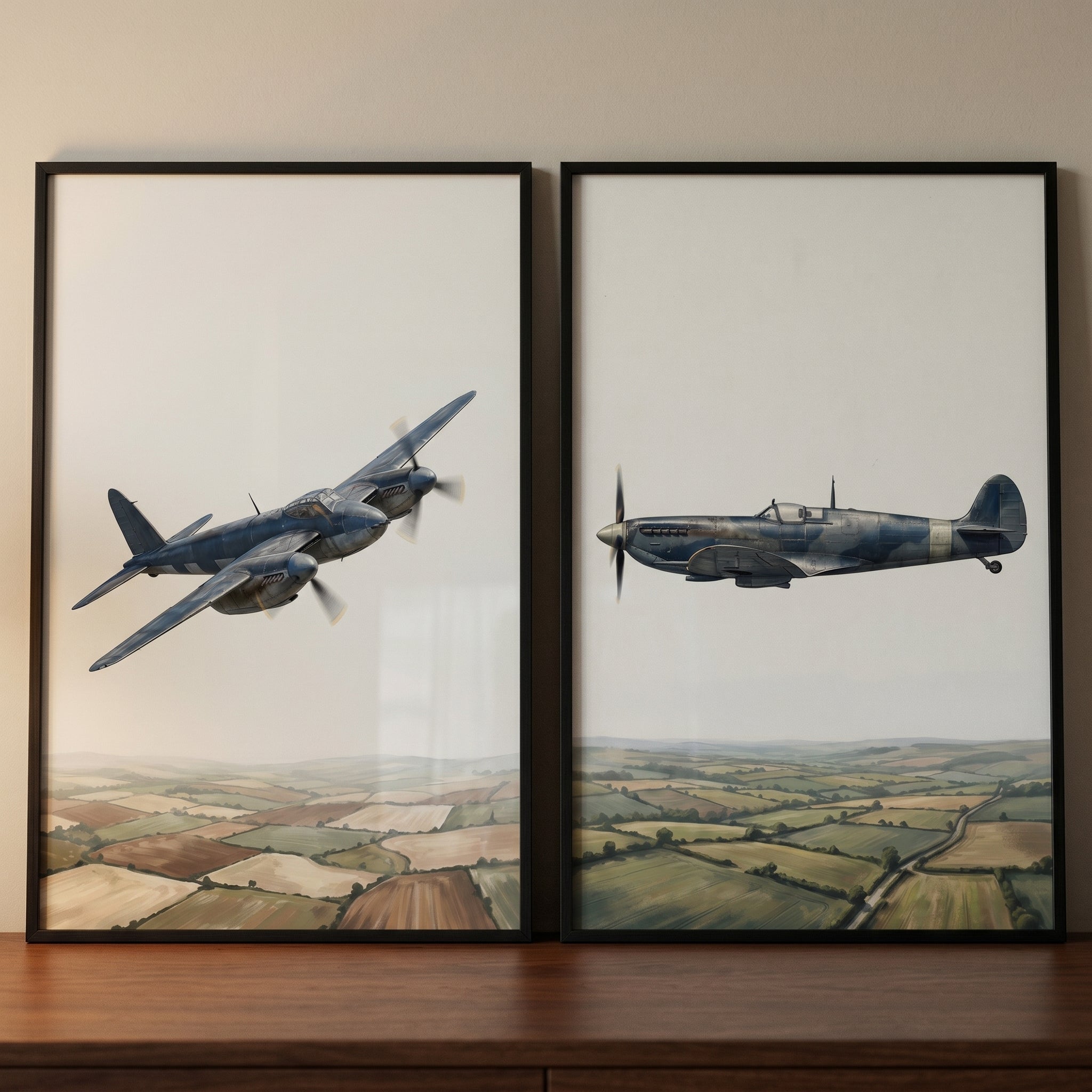 Blue Camo Historic Airplane Wall Art Set of 2 - Vintage Flight Duo