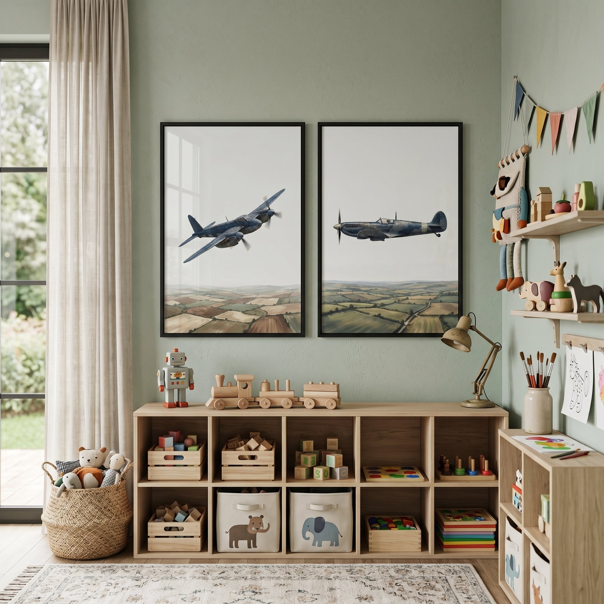Blue Camo Historic Airplane Wall Art Set of 2 - Vintage Flight Duo