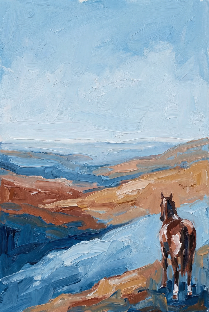 A brown and white horse stands looking out over a wide coastal landscape with layered hills and water. Loose brushstrokes create a peaceful sense of distance and open space.
