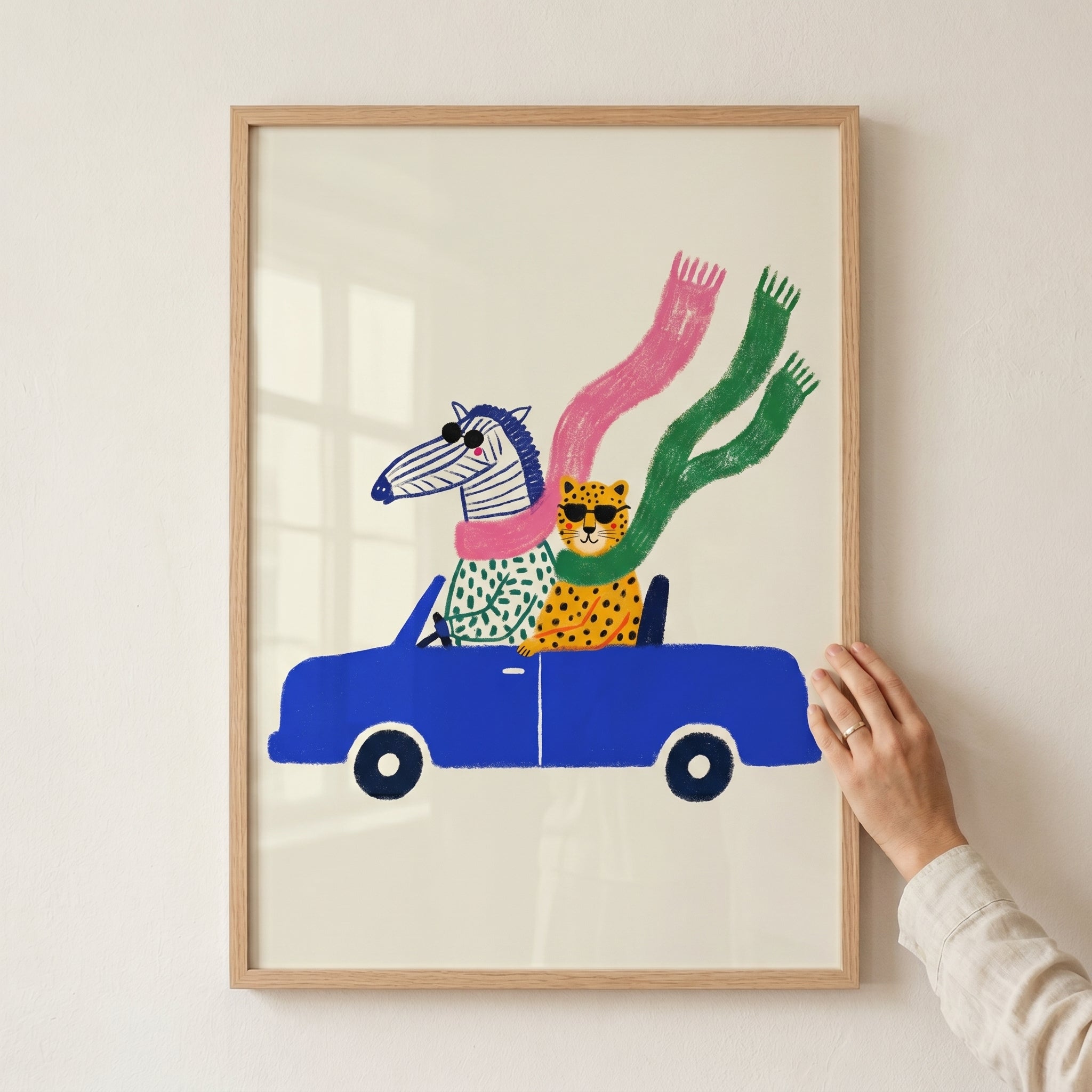 Blue Convertible Driving Zebra Wall Art - Wild Road Trip