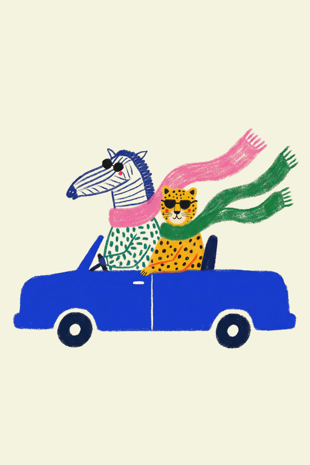 Blue Convertible Driving Zebra Wall Art - Wild Road Trip