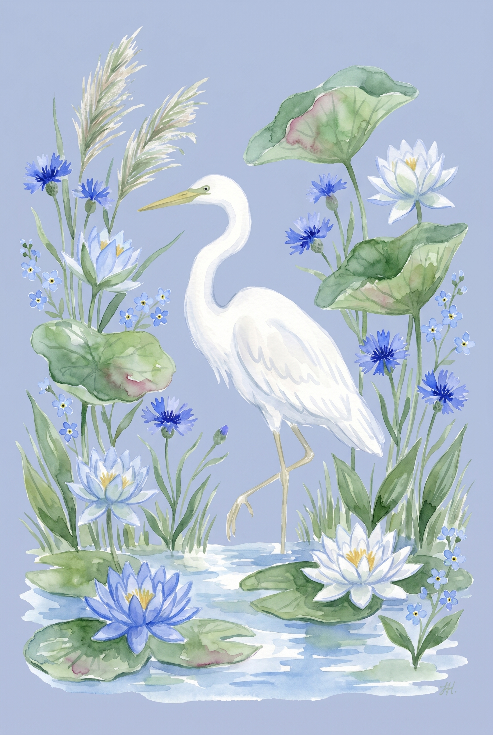 Blue Cornflower White Egret Bird Wall Art - White Heron Grace
