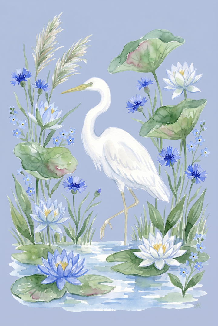 Blue cornflower white egret bird wall art depicts a white egret standing among pond lilies and tall reeds.