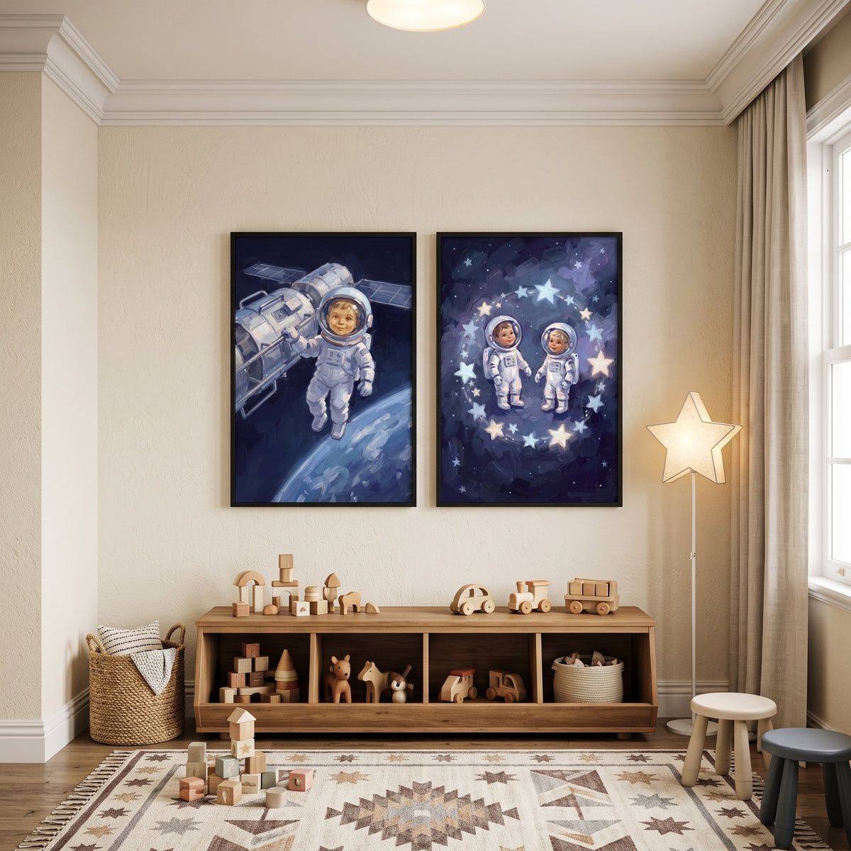 Blue Cosmic Baby Astronaut Wall Art Set of 2 - Cosmic Childhood Dreams