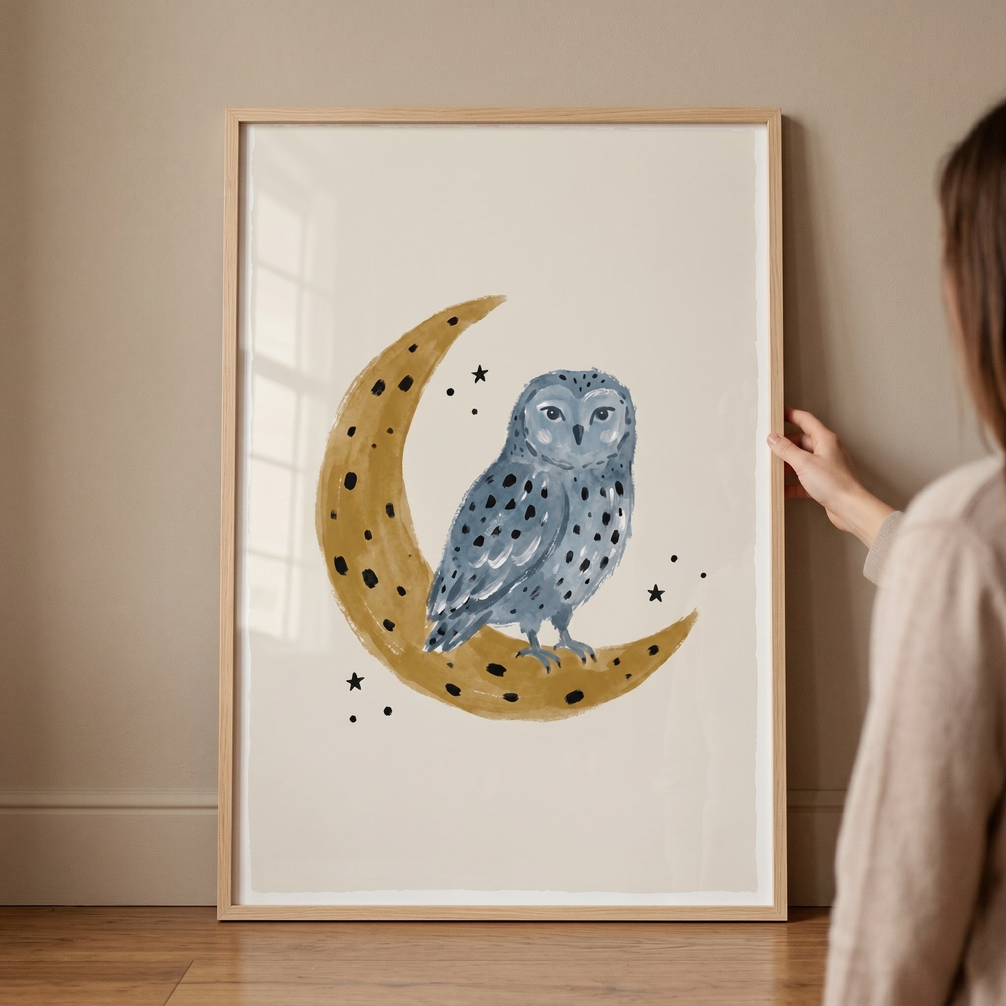 Blue Crescent Moon Owl Wall Art - Midnight Moon Owl