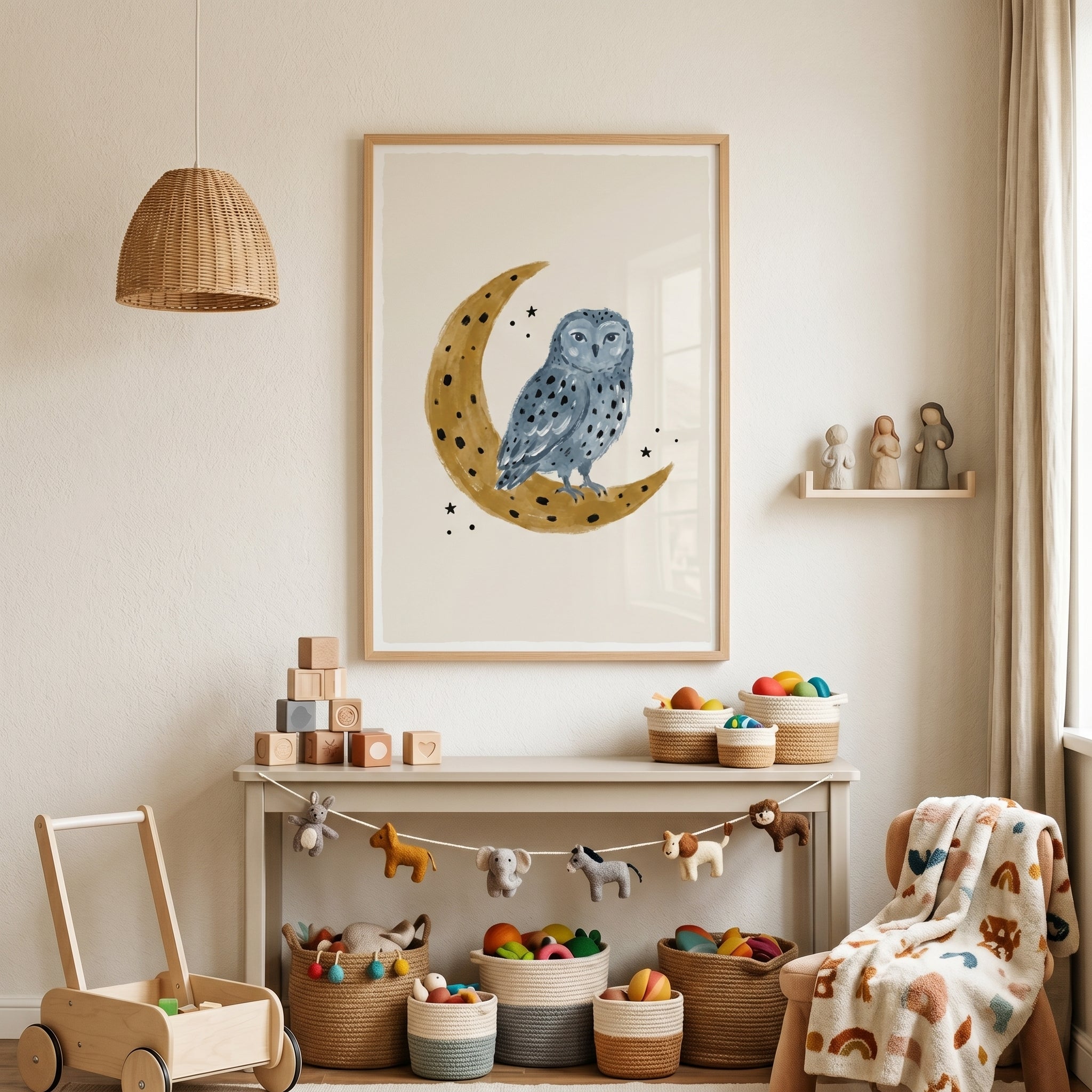 Blue Crescent Moon Owl Wall Art - Midnight Moon Owl