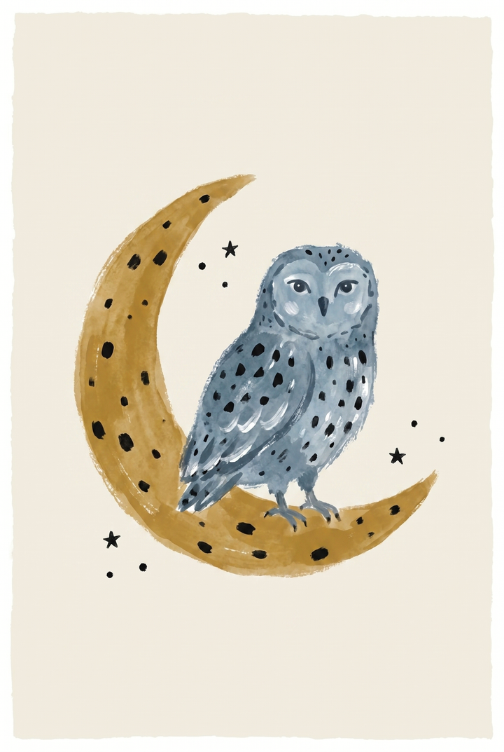 Blue-gray owl perched on a gold crescent moon with black spots and stars on a cream background.