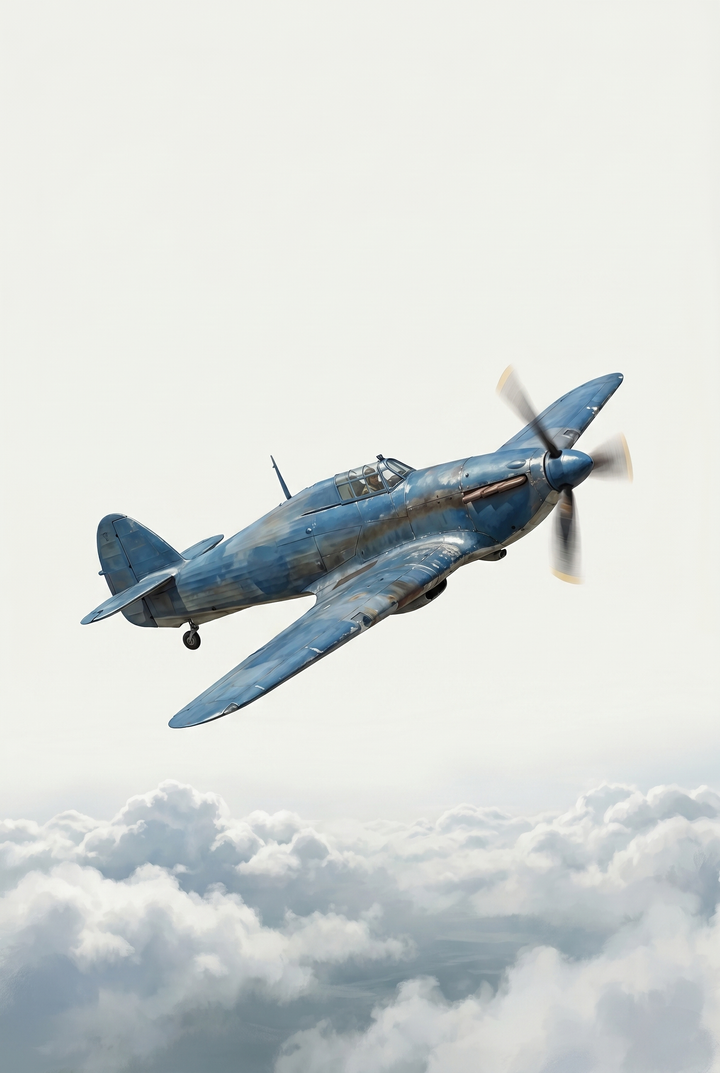 Weathered blue fighter airplane wall art flying through a bright sky above a thick layer of white clouds.