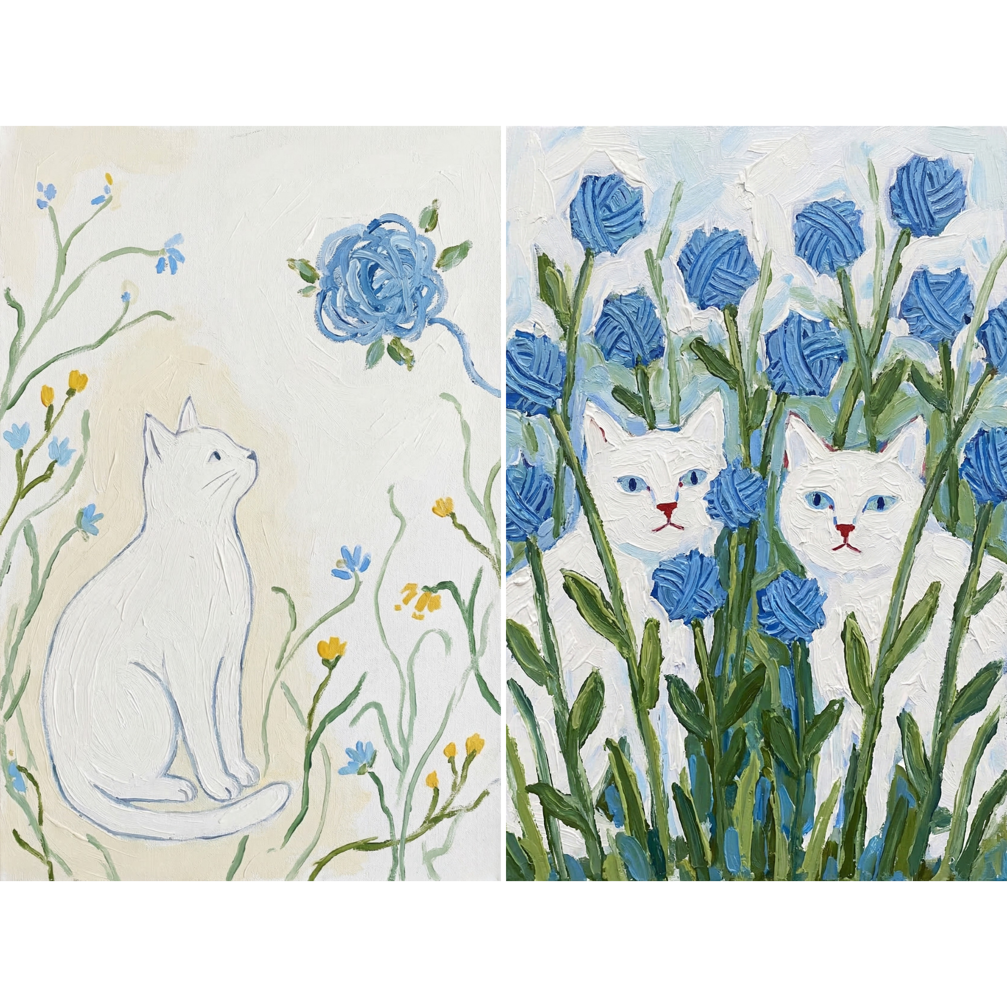 Blue Floral White Cat Wall Art Set of 2 - Blue Yarn Garden