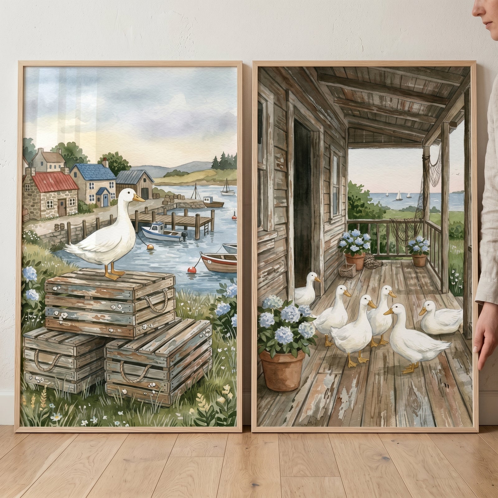 Blue floral white duck wall art set of 2 features ducks at a coastal harbor and on a wooden porch with blue hydrangeas.
