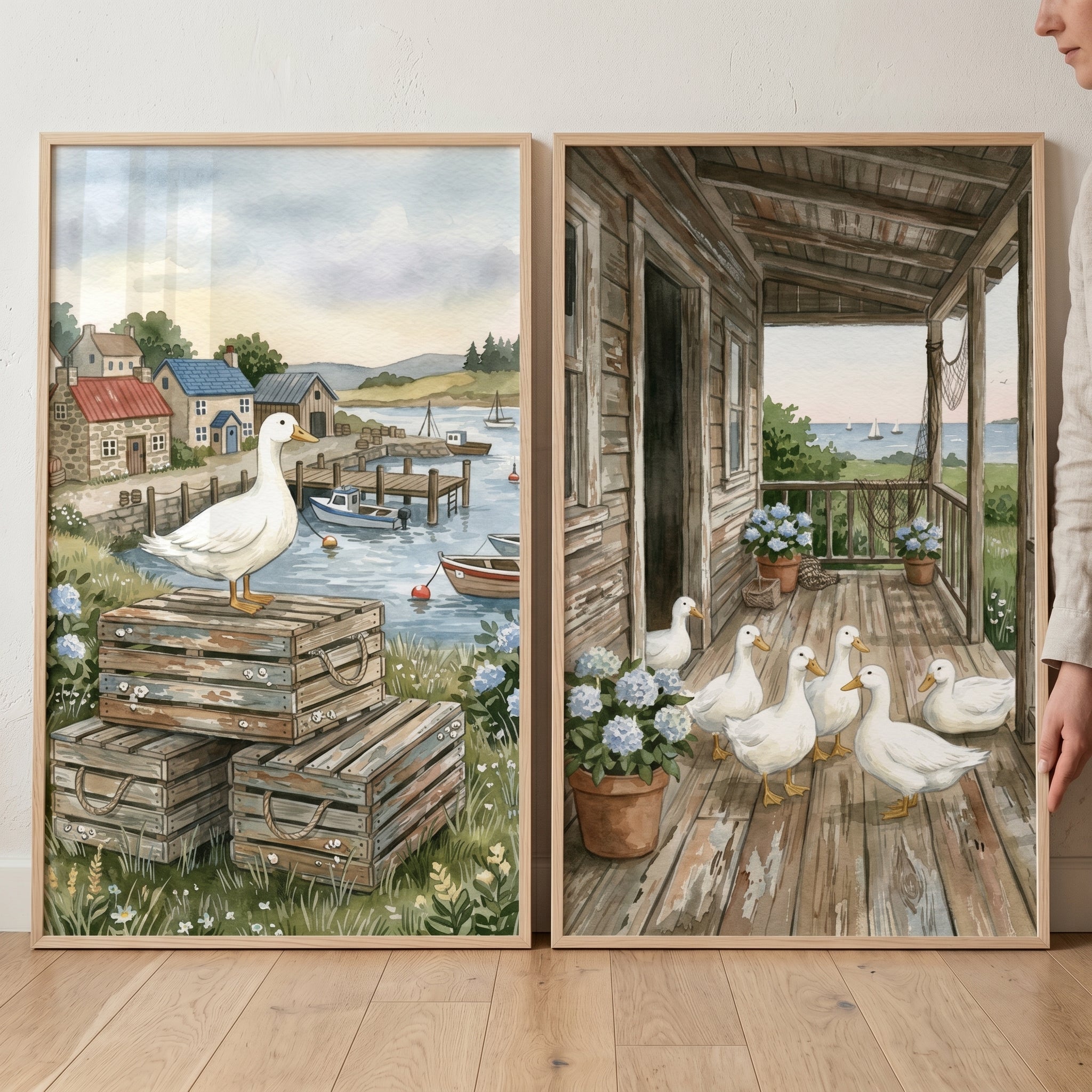 Blue Floral White Duck Wall Art Set of 2 - Rustic Harbor Birds