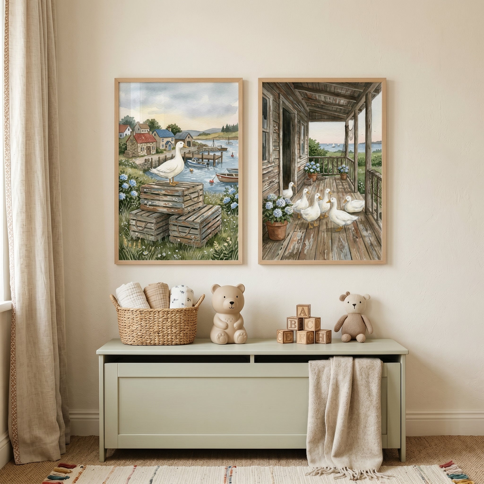 Blue Floral White Duck Wall Art Set of 2 - Rustic Harbor Birds