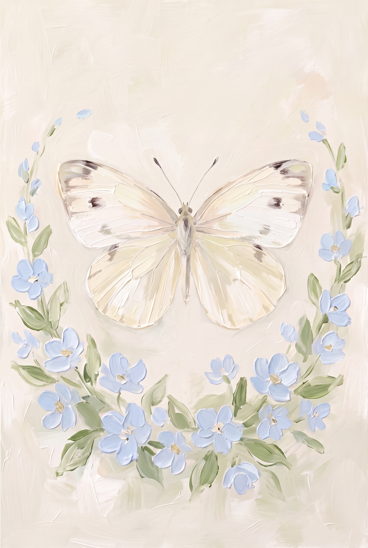 Soft cream butterfly centered over a blue floral wreath butterfly wall art with textured petals and sage green leaves.