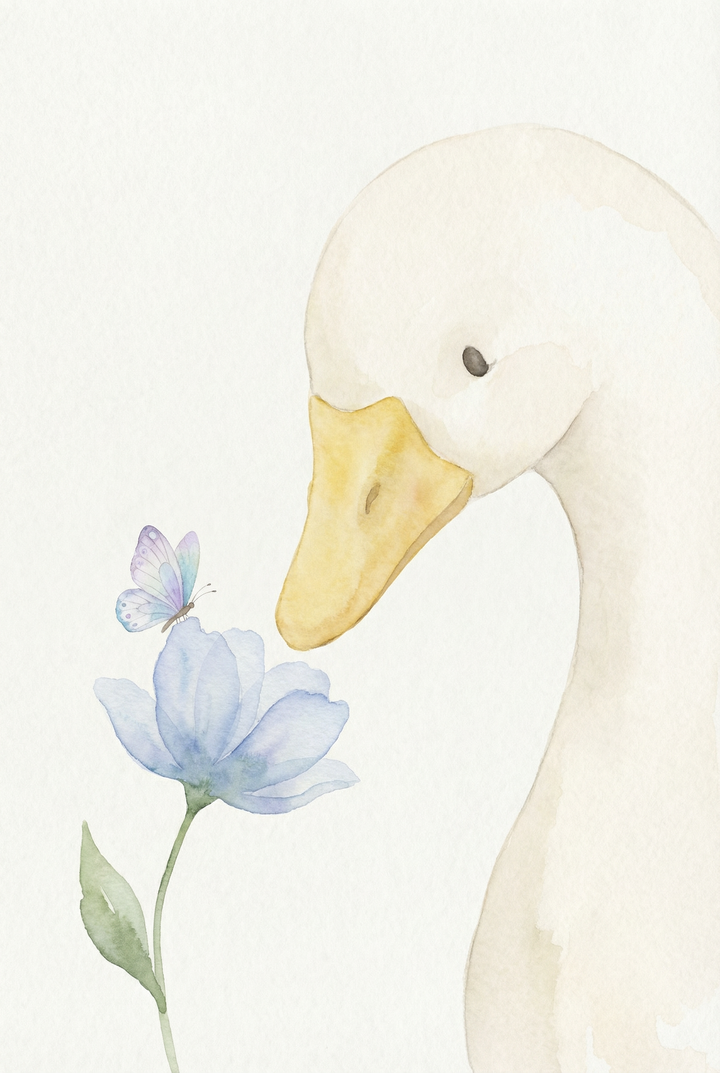 Soft watercolor illustration of a close up white duck facing a pale blue flower with a small butterfly resting on its petals. The minimal composition and delicate details create a quiet and intimate nature scene.
