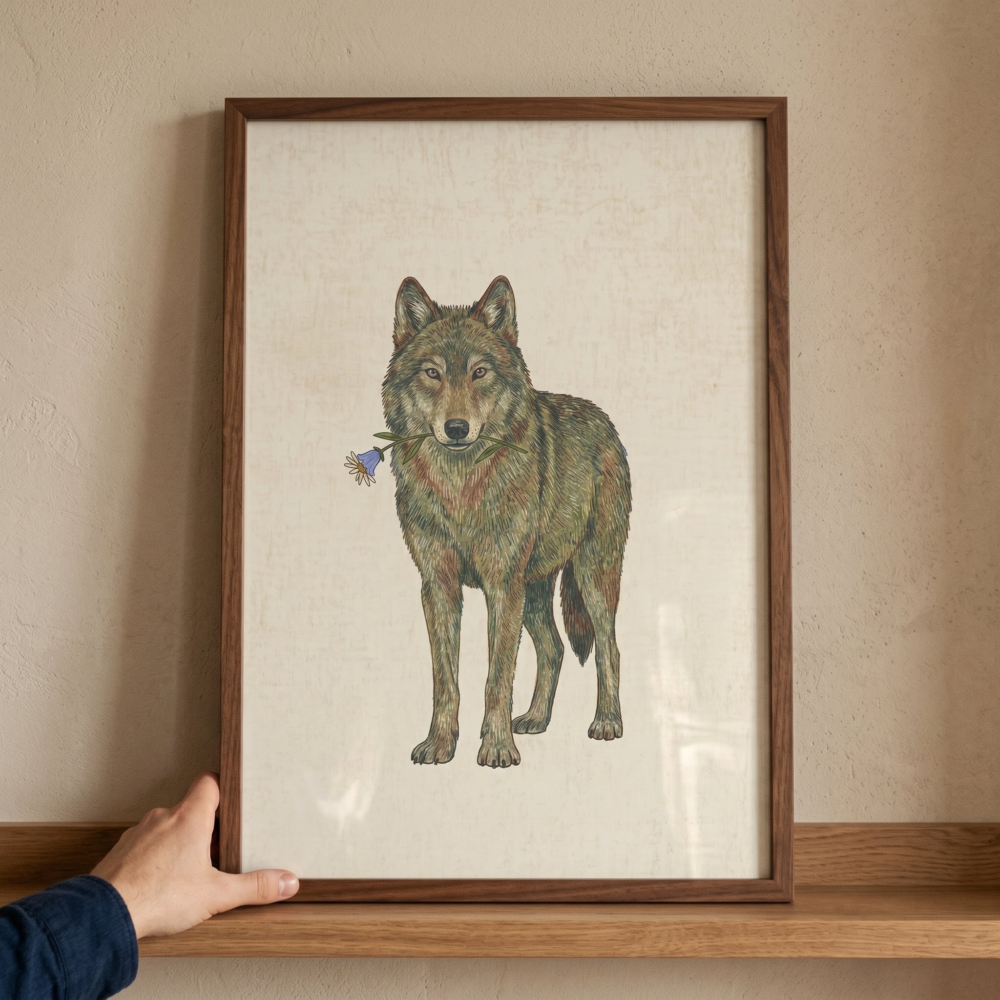 Blue Flower Wolf Wall Art - Gentle Wild Spirit