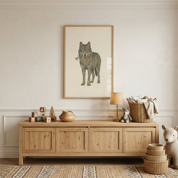 Blue flower wolf wall art above a wooden cabinet with toys and baskets in a minimalist nursery.