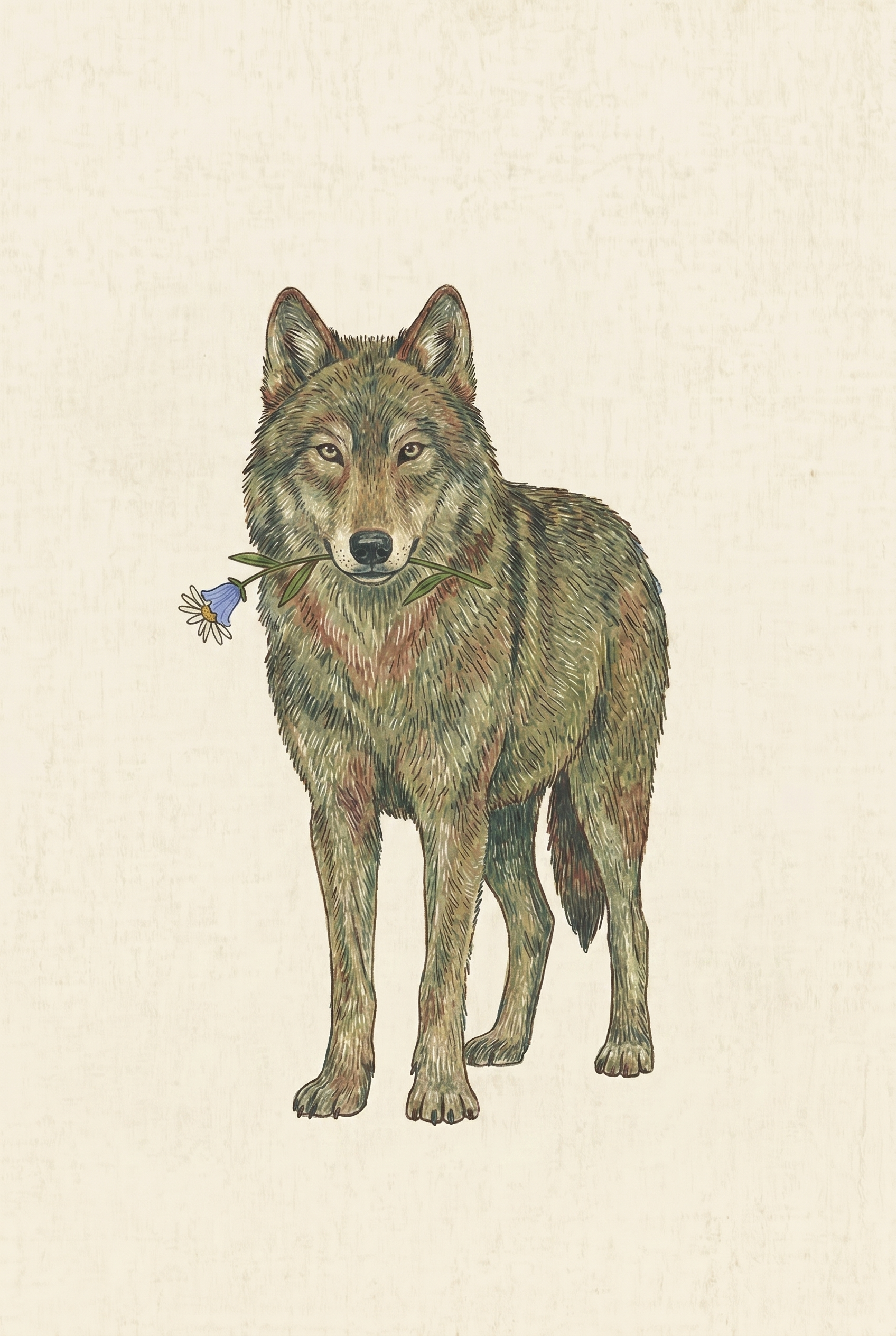 Blue Flower Wolf Wall Art - Gentle Wild Spirit