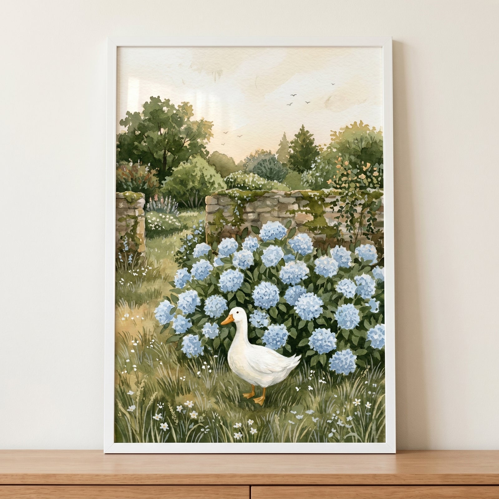 A white duck stands before blue hydrangeas and a stone wall in this blue flowers white duck wall art.