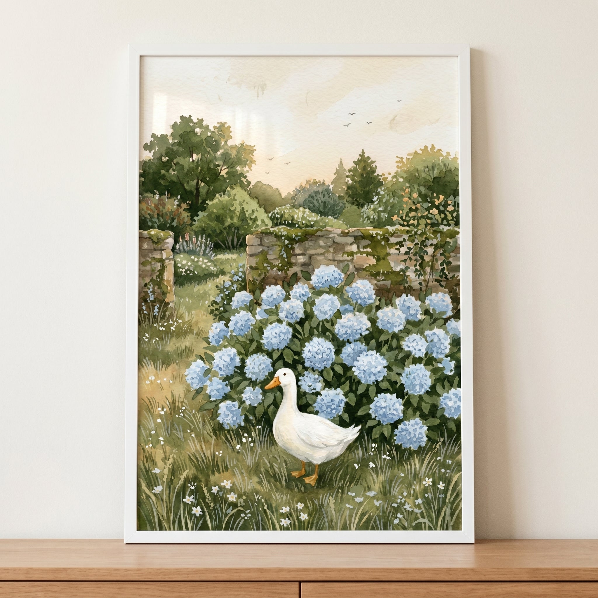 Blue Flowers White Duck Wall Art - Summer Garden Duck