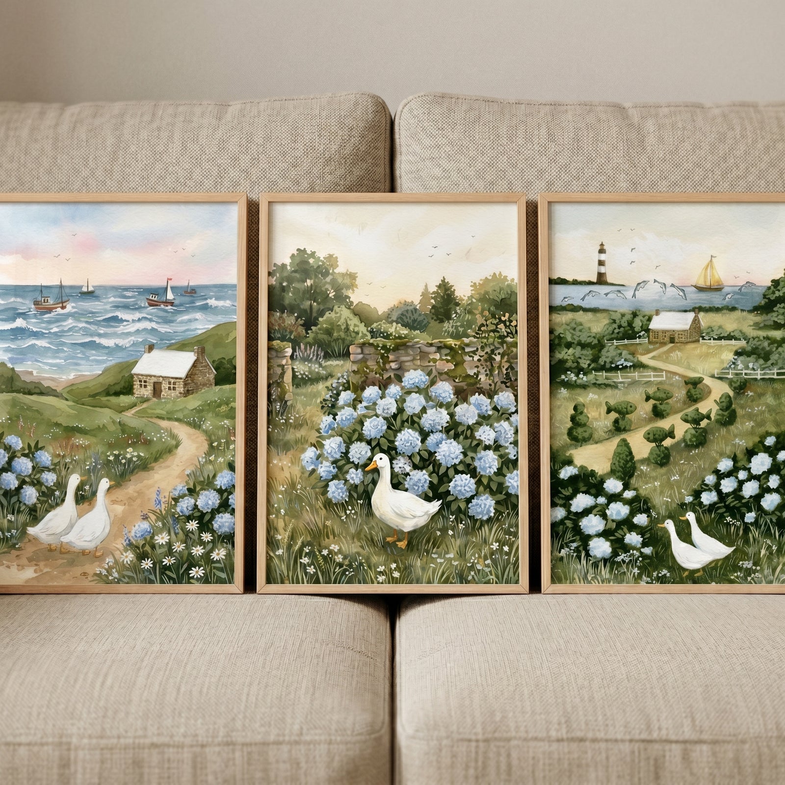 Coastal and garden scenes in this blue flowers white duck wall art set of 3 featuring cottages, boats, and a lighthouse.