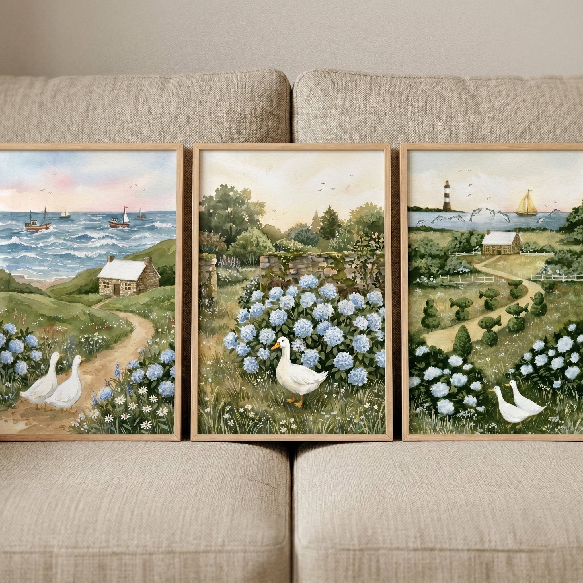 Blue Flowers White Duck Wall Art Set of 3 - Coastal Duck Meadow