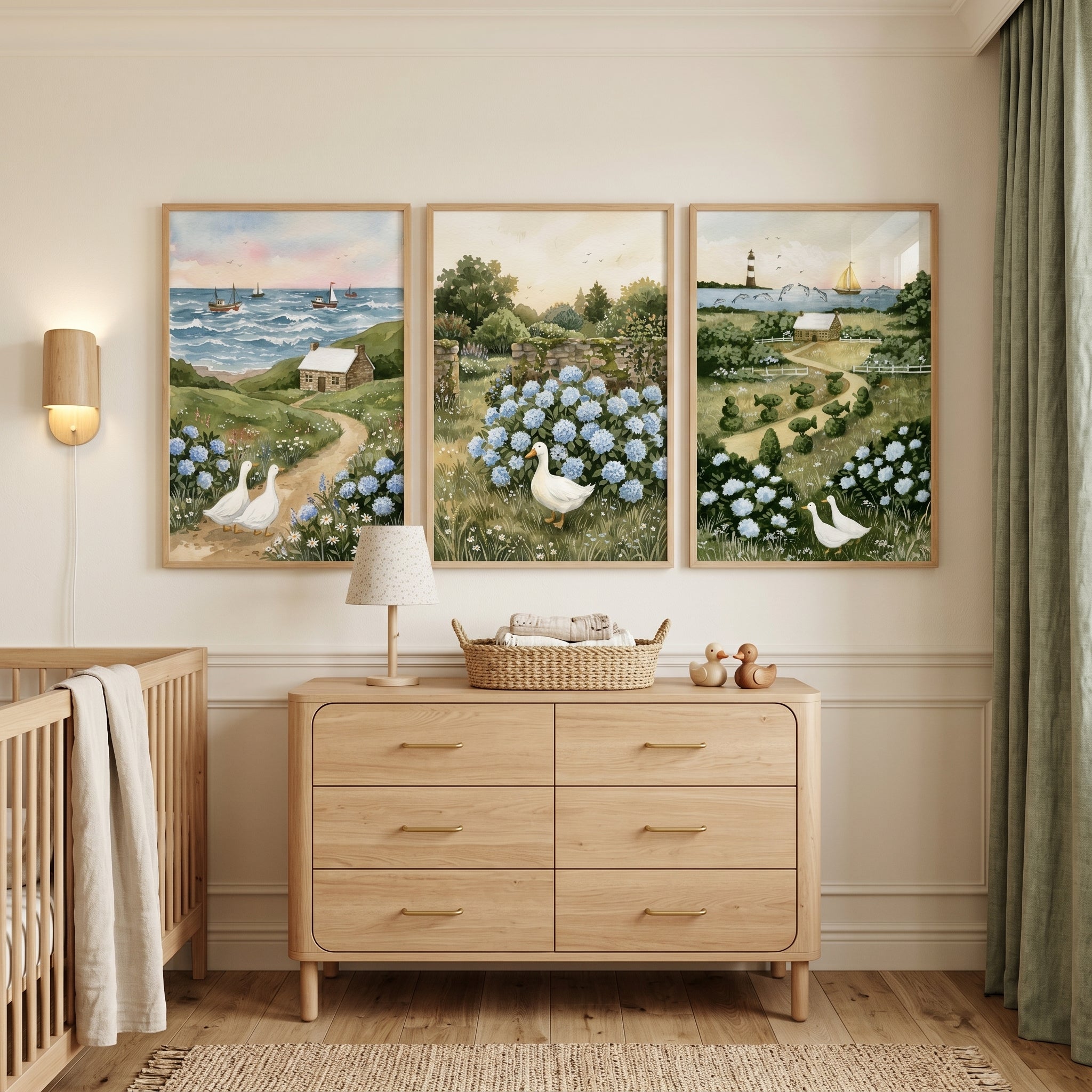 Blue Flowers White Duck Wall Art Set of 3 - Coastal Duck Meadow