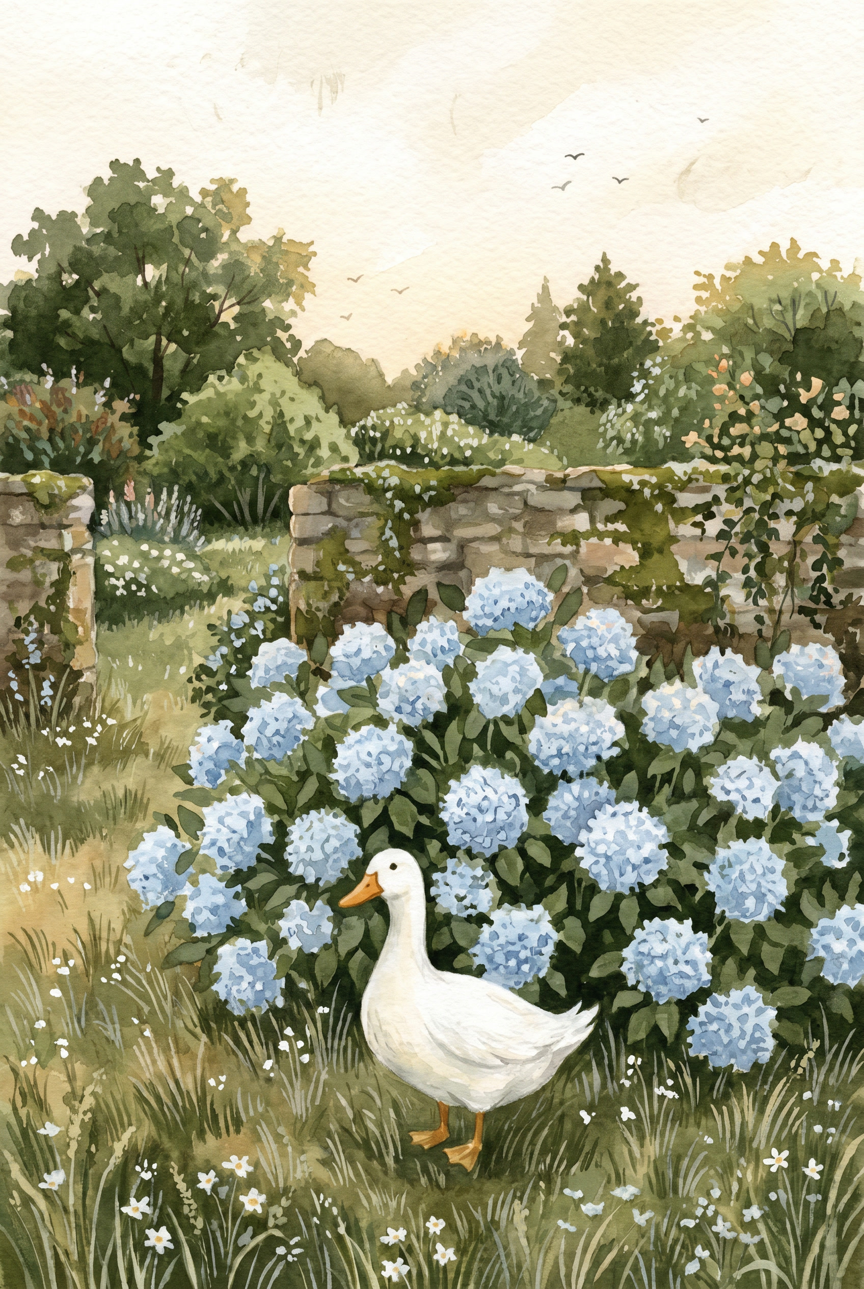 Blue Flowers White Duck Wall Art - Summer Garden Duck