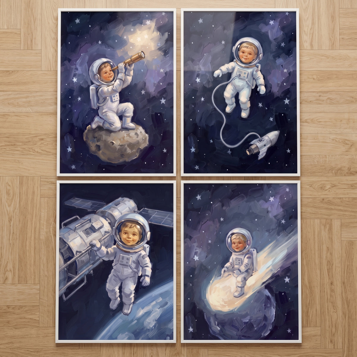 Blue Galaxy Toddler Astronaut Wall Art Set of 4 - Little Space Explorer