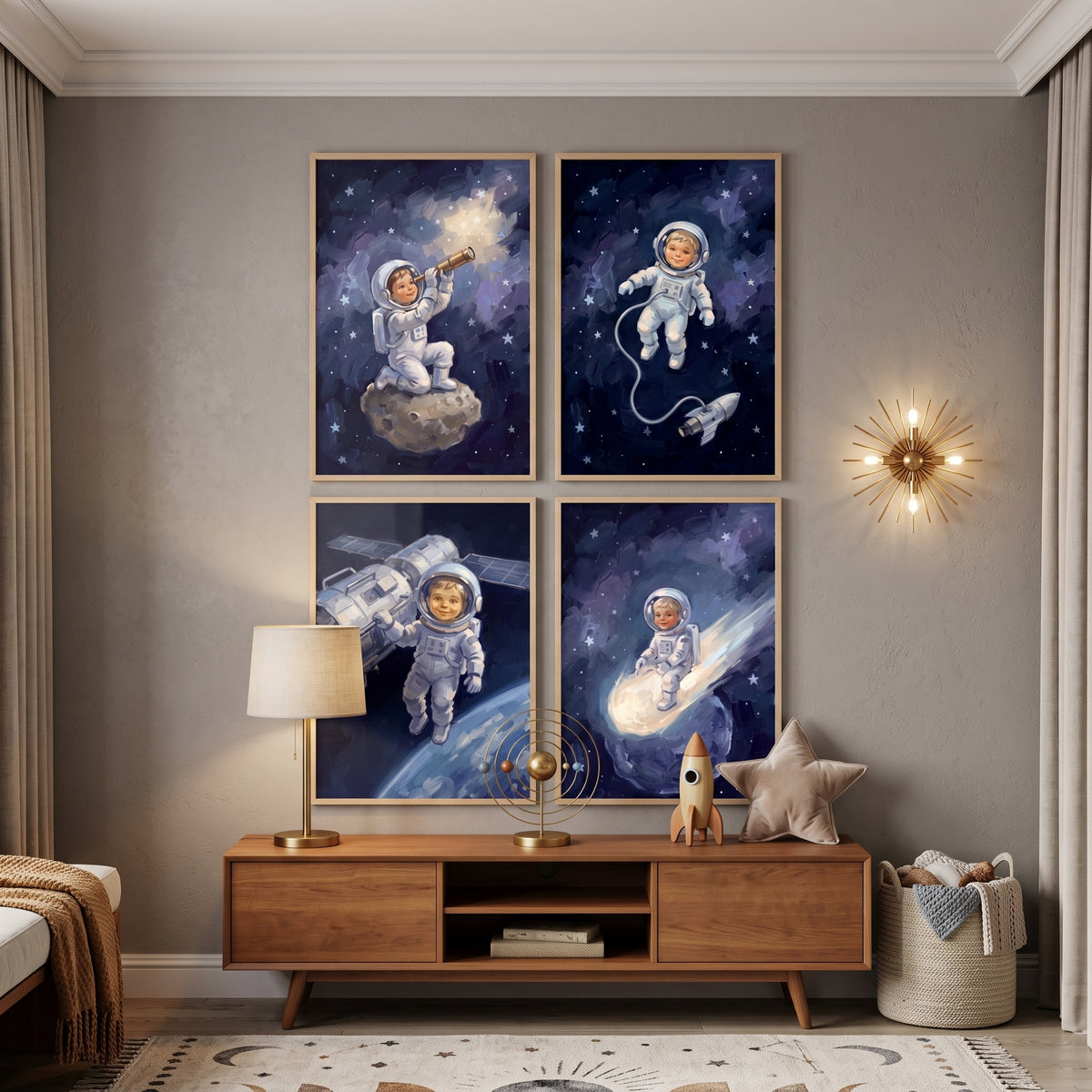 Blue Galaxy Toddler Astronaut Wall Art Set of 4 - Little Space Explorer