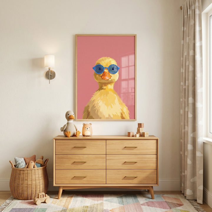 Blue glasses yellow duckling wall art hangs above a wood dresser in a child's nursery with toys and a patterned rug.