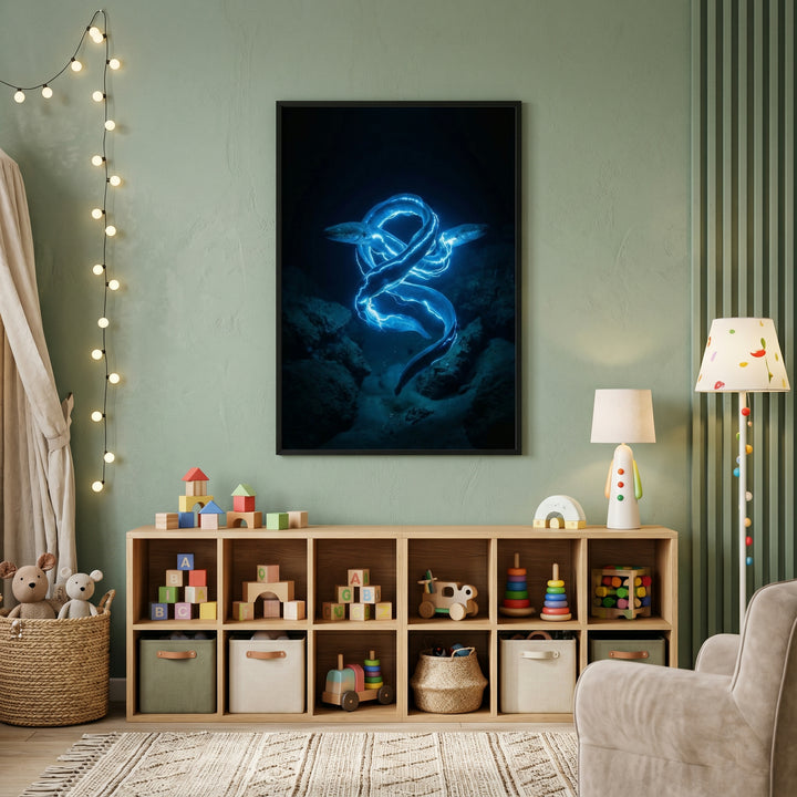 Dark underwater wall art of glowing blue eels twisting together displayed above a wooden toy shelf in a modern children’s room with soft lighting and toys.