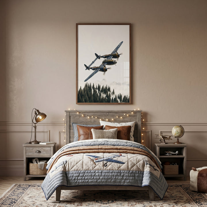 Blue gold vintage airplane wall art hangs above a wooden bed with an airplane quilt and string lights in a cozy bedroom.