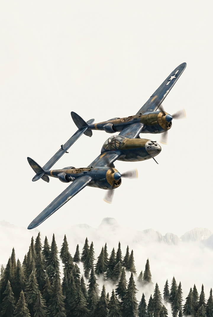 Blue gold vintage airplane wall art of a twin-boom plane soaring over a misty mountain forest of evergreen trees.