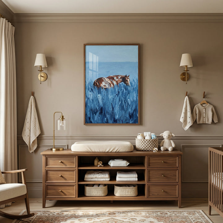 A serene nursery room is shown with a warm, neutral color palette and elegant wall molding. Centered on a taupe wall is a large, vertically oriented framed illustration. The artwork depicts a brown and white spotted horse standing amidst a dense field of tall, blue-toned grass beneath a soft blue sky.
