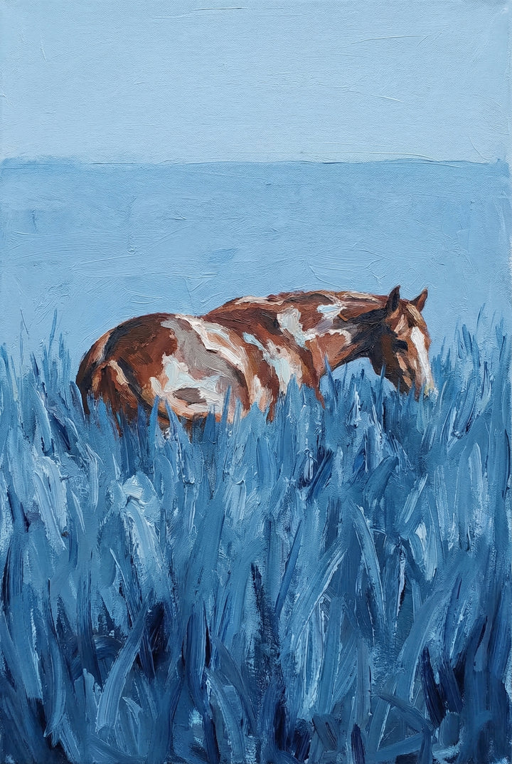 A brown and white horse stands partially hidden in tall blue grass, blending into a cool toned landscape. Thick textured brushstrokes create a calm and slightly abstract countryside scene.

