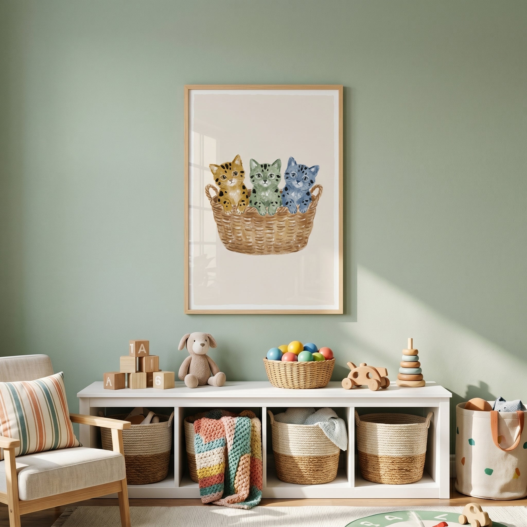 Blue Green Ochre Kittens Artwork - Spotted Kitten Trio