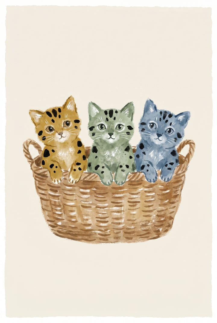 Blue green ochre kittens artwork of three spotted kittens sitting together in a woven basket.