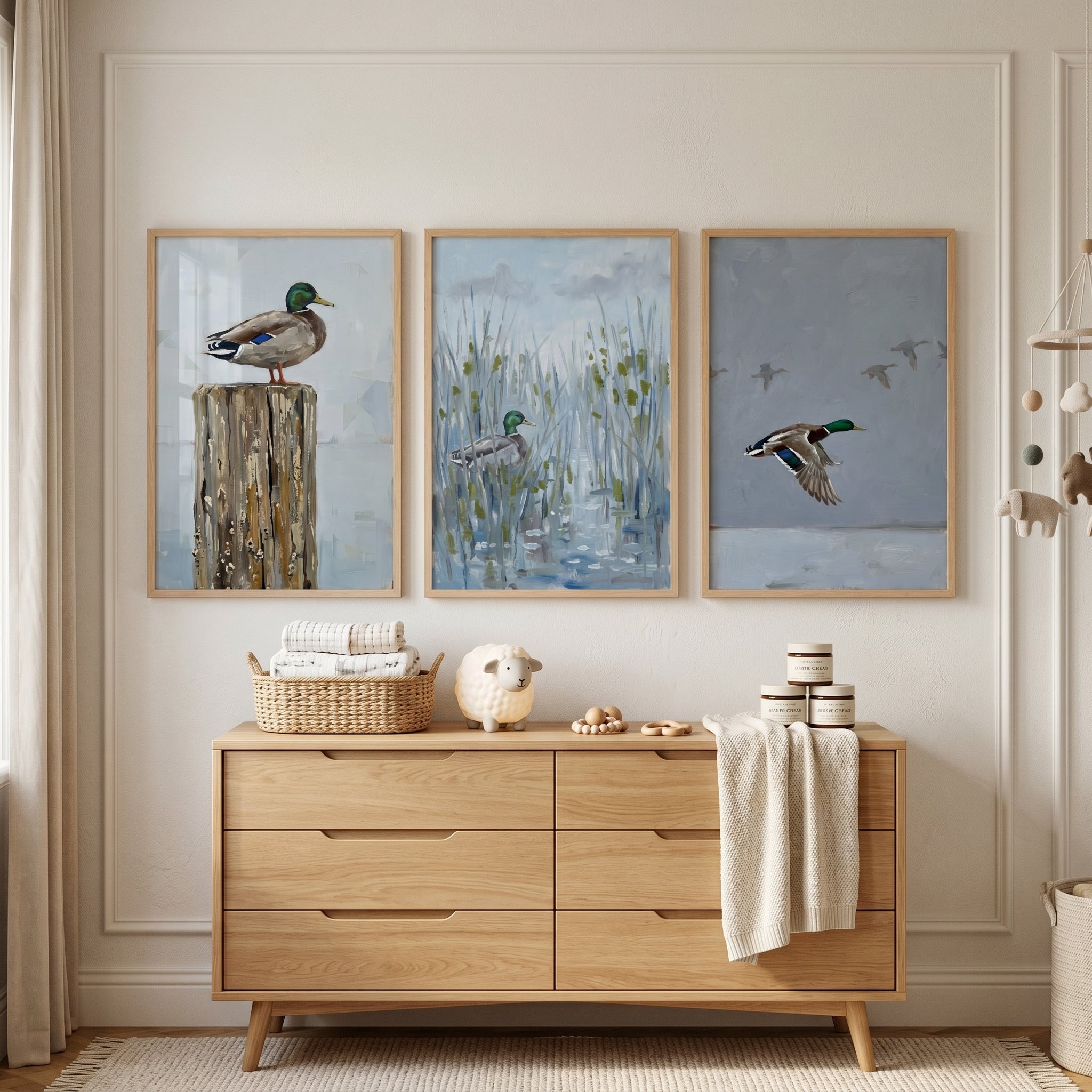 Blue Grey Mallard Duck Wall Art Set of 3 - Mallard Marsh Moments