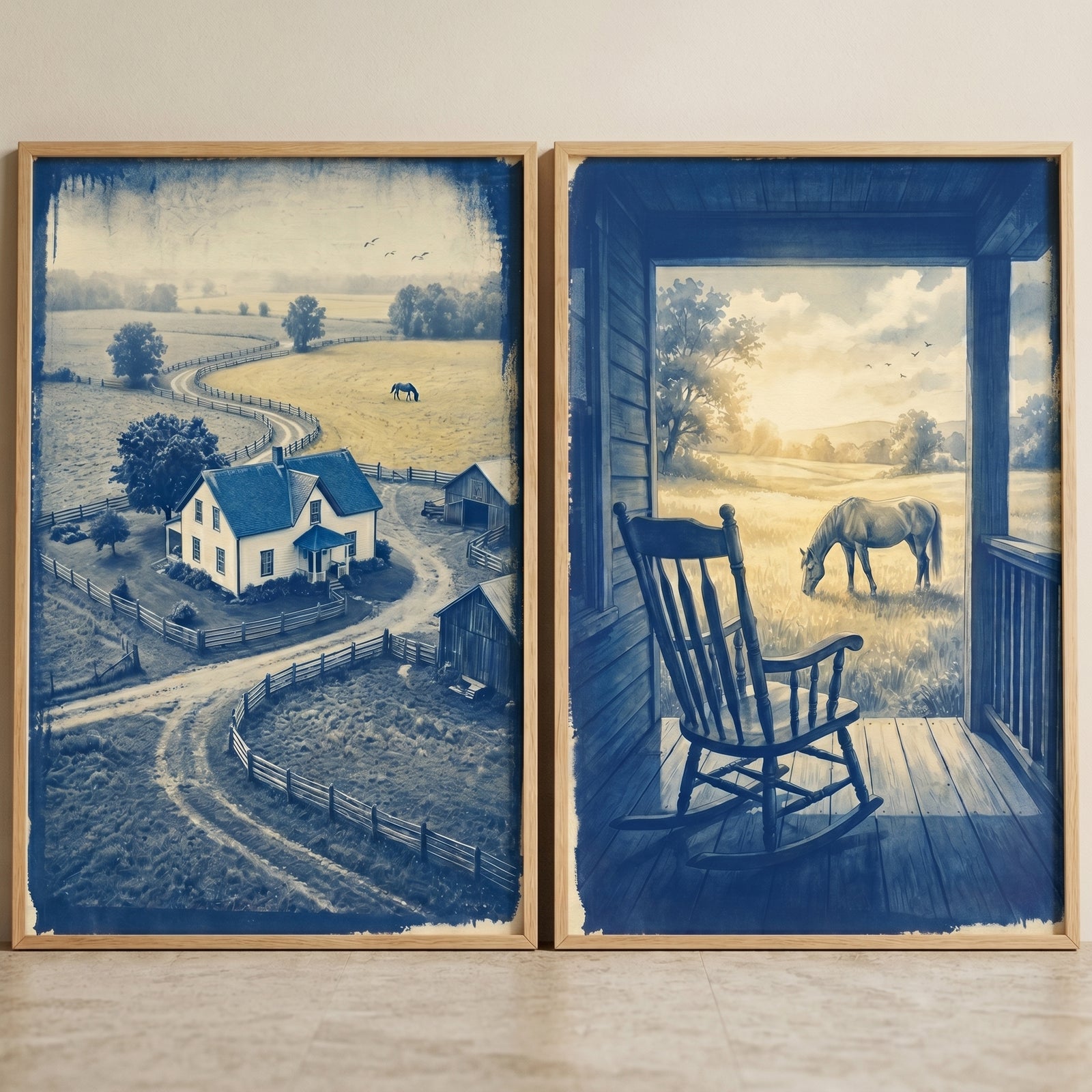 Blue horse farm wall art set of 2 featuring a rural homestead and a porch with a rocking chair facing a grazing horse.