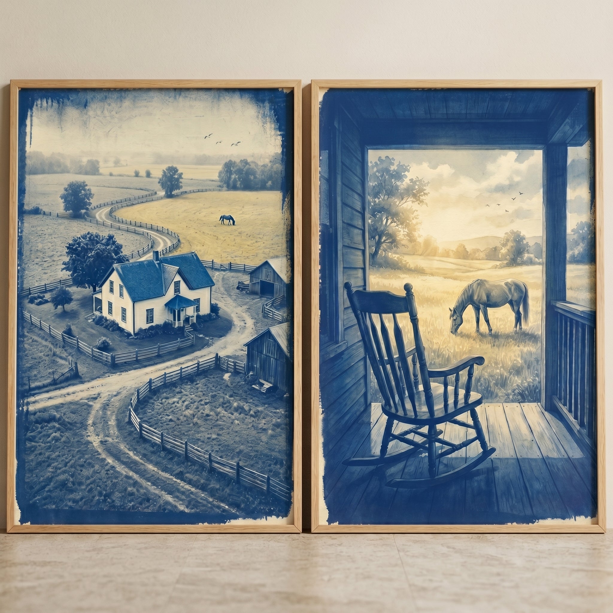 Blue Horse Farm Wall Art Set of 2 - Cyanotype Countryside