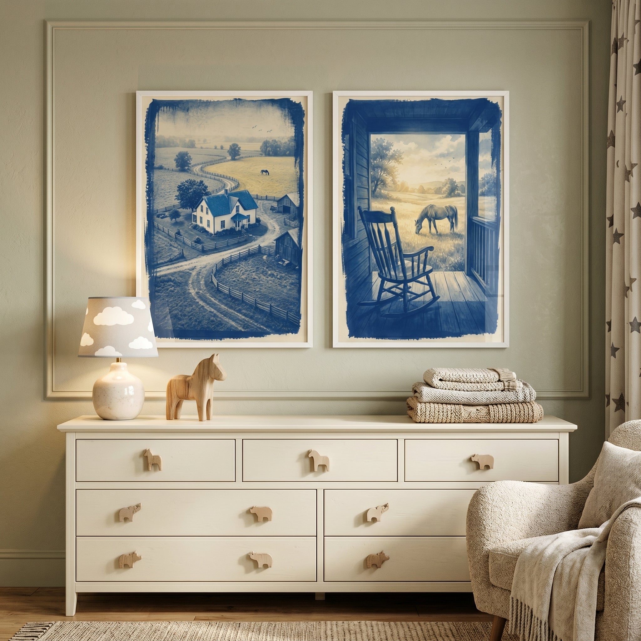 Blue Horse Farm Wall Art Set of 2 - Cyanotype Countryside