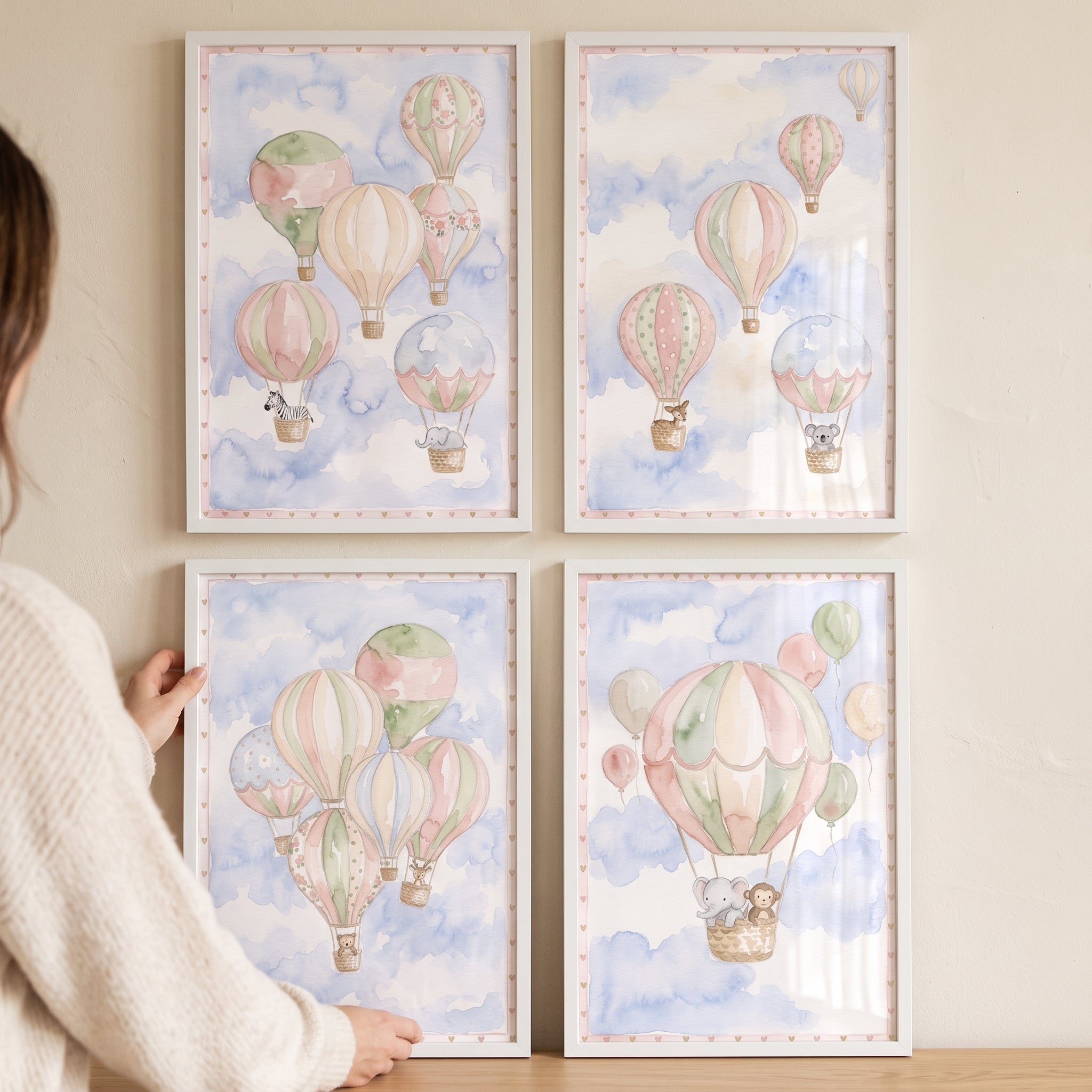 Blue Hot Air Balloon Wall Art Set Of 4 - Pastel Sky Safari