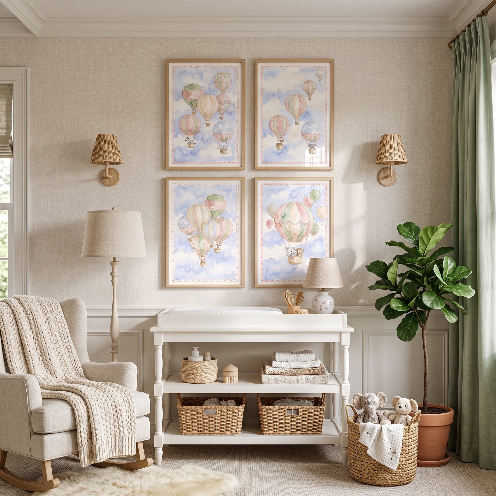 Blue Hot Air Balloon Wall Art Set Of 4 - Pastel Sky Safari