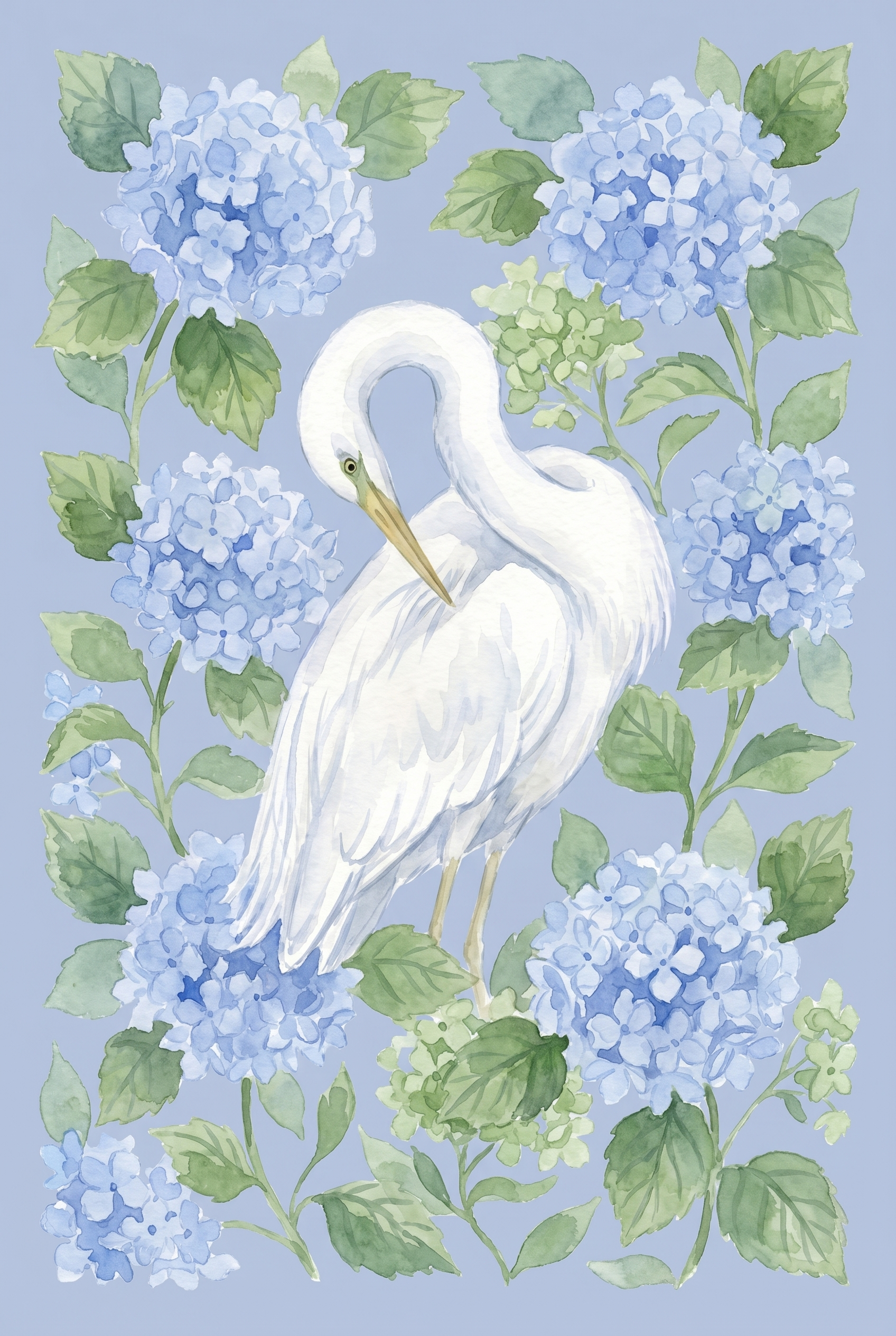 Blue Hydrangea Preening Egret Bird Wall Art - Serene Heron Garden