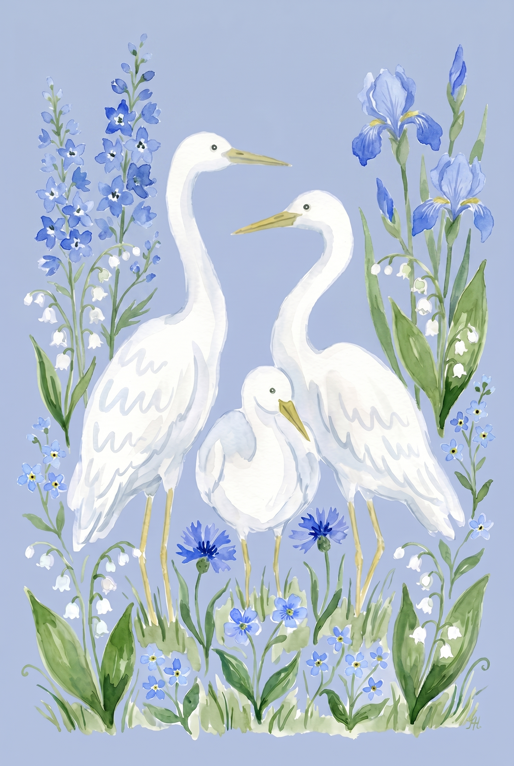 Blue Iris Family Egret Bird Wall Art - Azure Blossom Birds