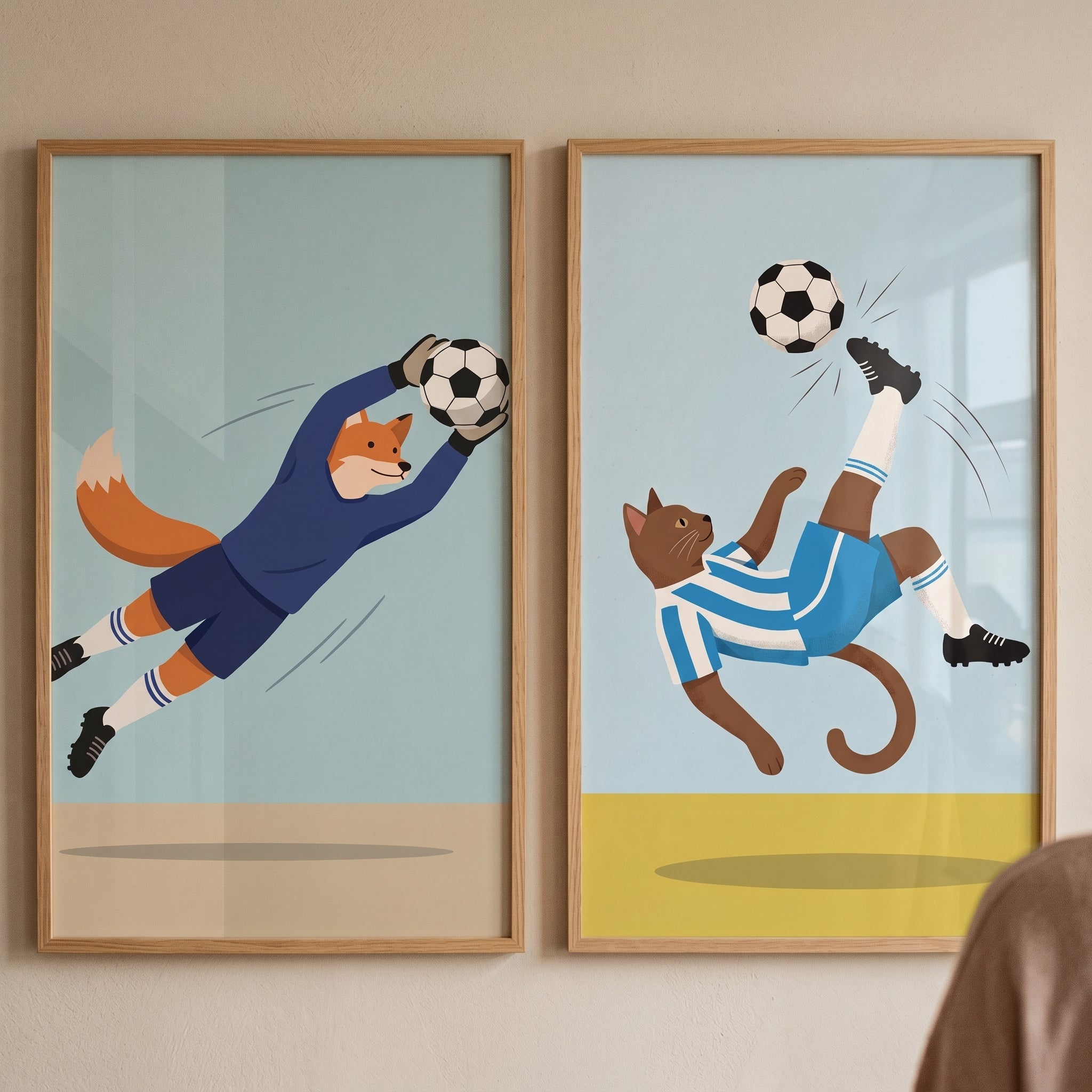 Blue Jersey Soccer Animal Artwork Set of 2 - Furry Soccer Stars
