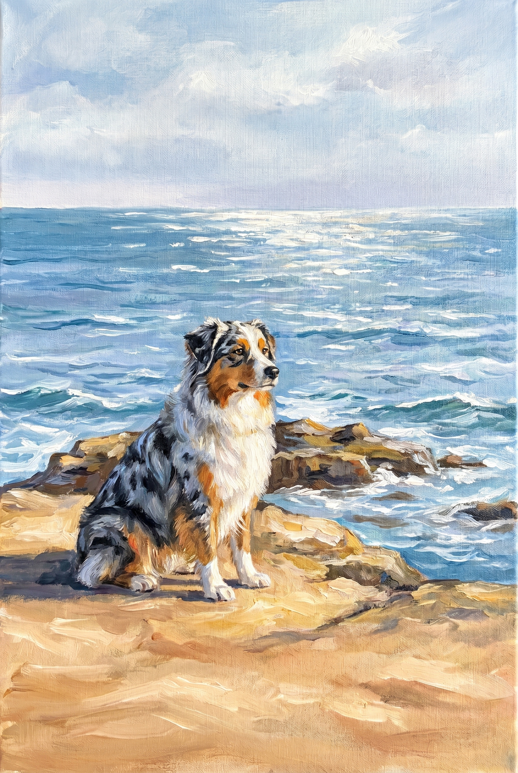 Blue Merle Australian Shepherd Dog Wall Art - Ocean Horizon Watcher